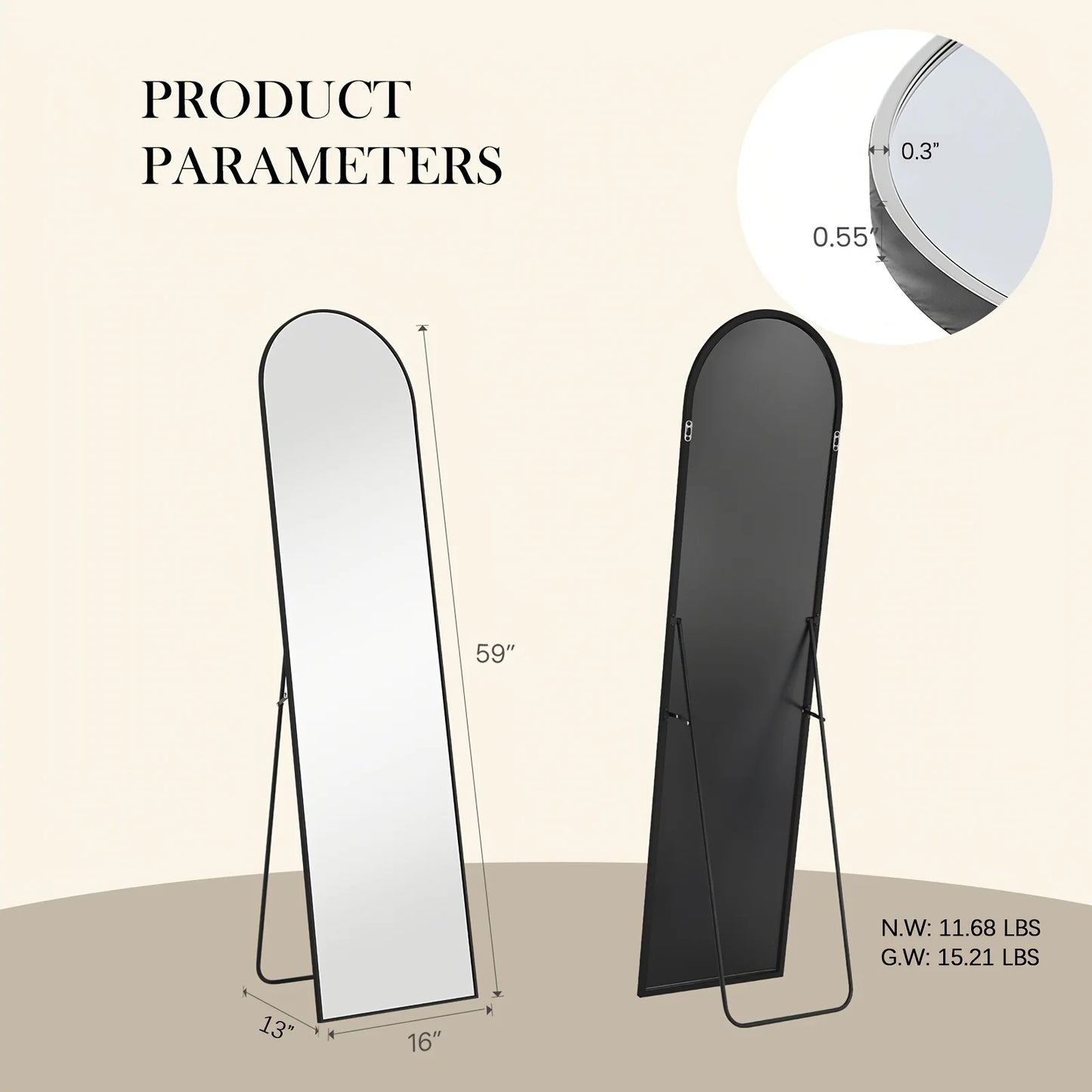 Arched Full Length Floor Mirror with Durable Aluminum Frame for Bedroom