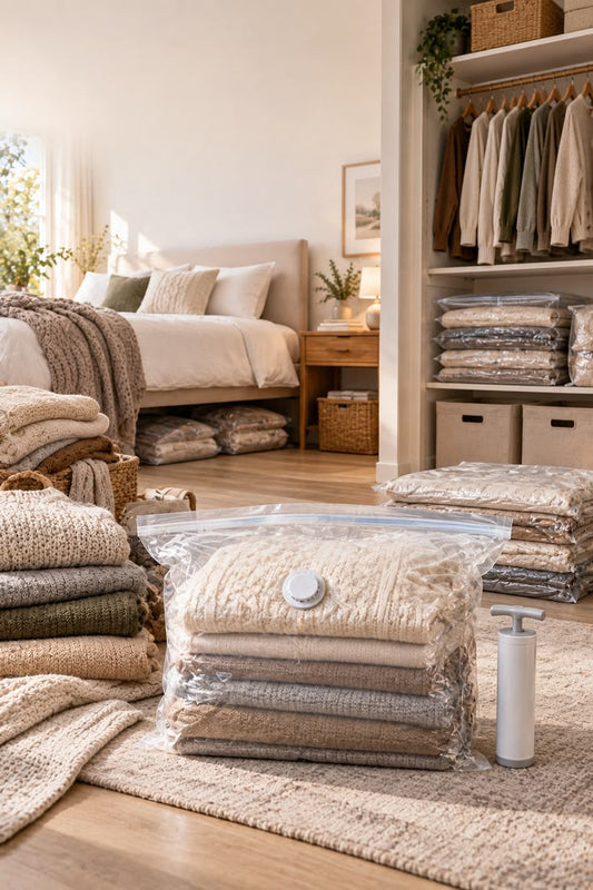 A bedroom scene showing neatly folded and vacuum-sealed travel storage bags arranged on the floor and bed. A white manual pump is visible in the foreground, with a closet, bed, rug, and natural wood flooring in the background.
