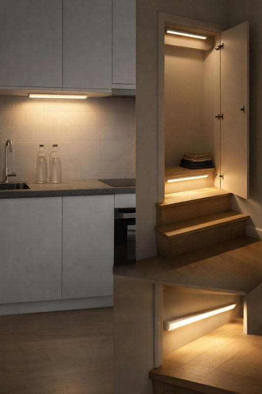 Kitchen with motion sensor lighting highlighting a staircase