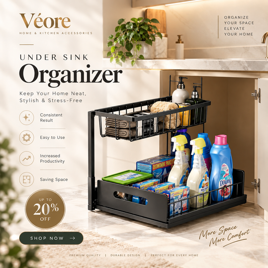 Under sink cabinet organizer shown installed inside a kitchen cabinet, holding cleaning supplies and household items. The black metal two-tier organizer is the product, with the kitchen environment visible behind it.